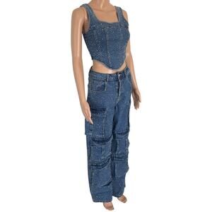 Bling Rhinestone Denim Two Piece Set Corset Top Cargo Jeans Y2K NWT S Streetwear